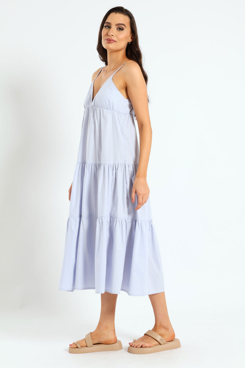 Strappy Tie-Back Tiered Maxi Slip Dress - Light Blue
