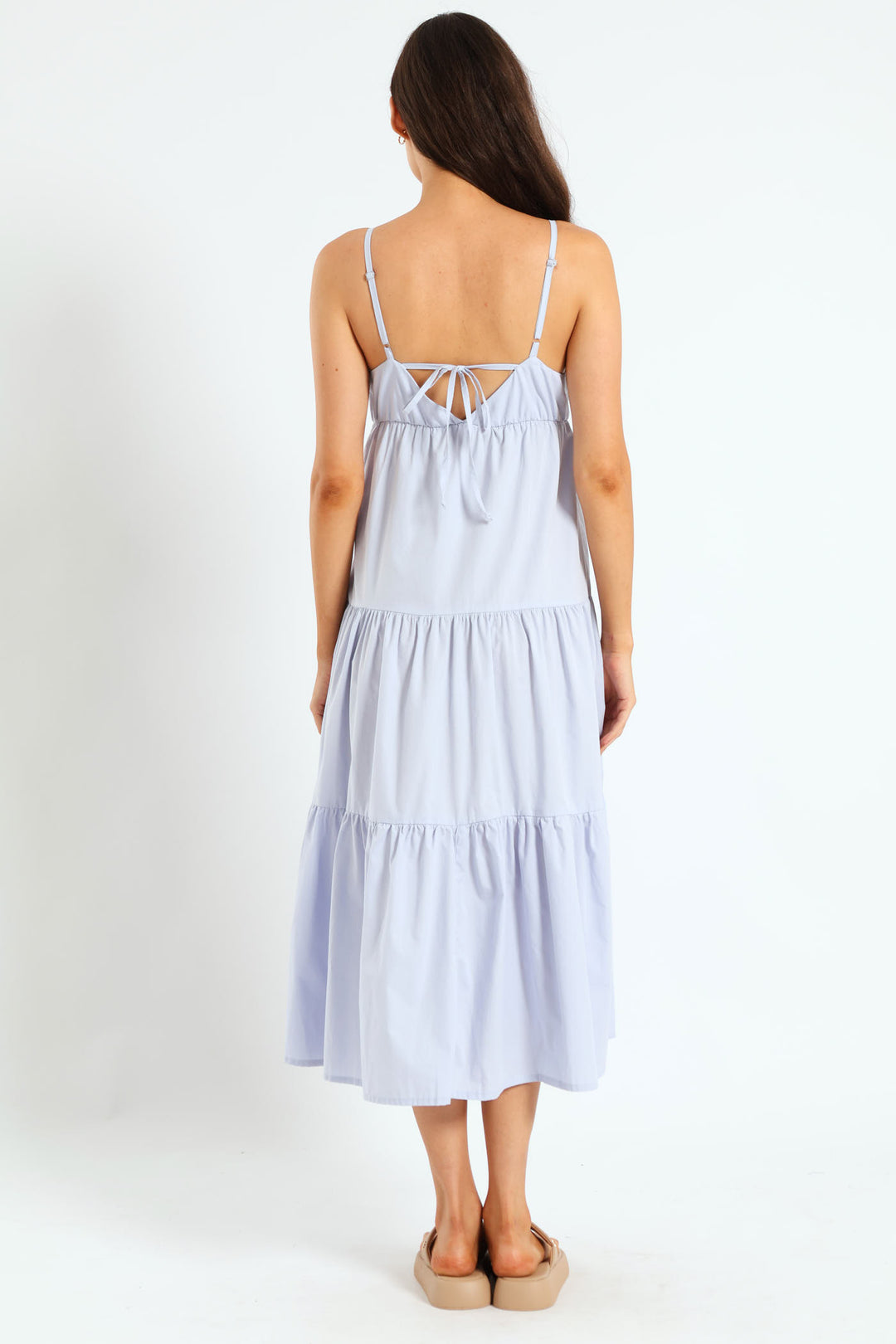 Strappy Tie-Back Tiered Maxi Slip Dress - Light Blue