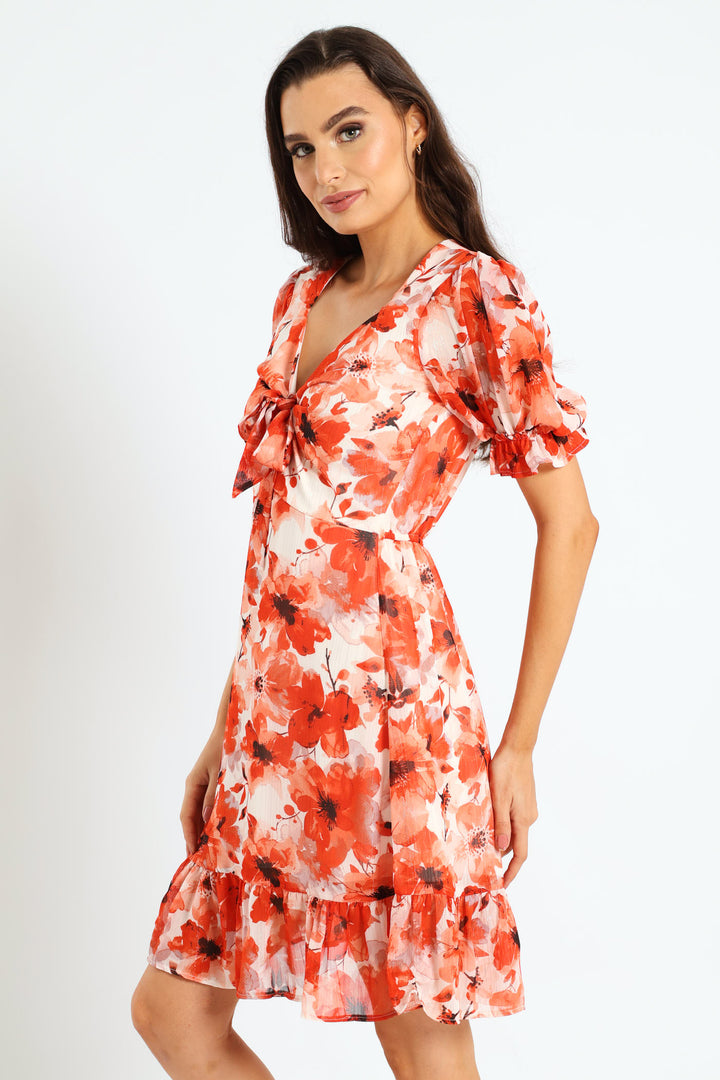 Tie Front Waisted Frill Hem Tea Dress - Orange