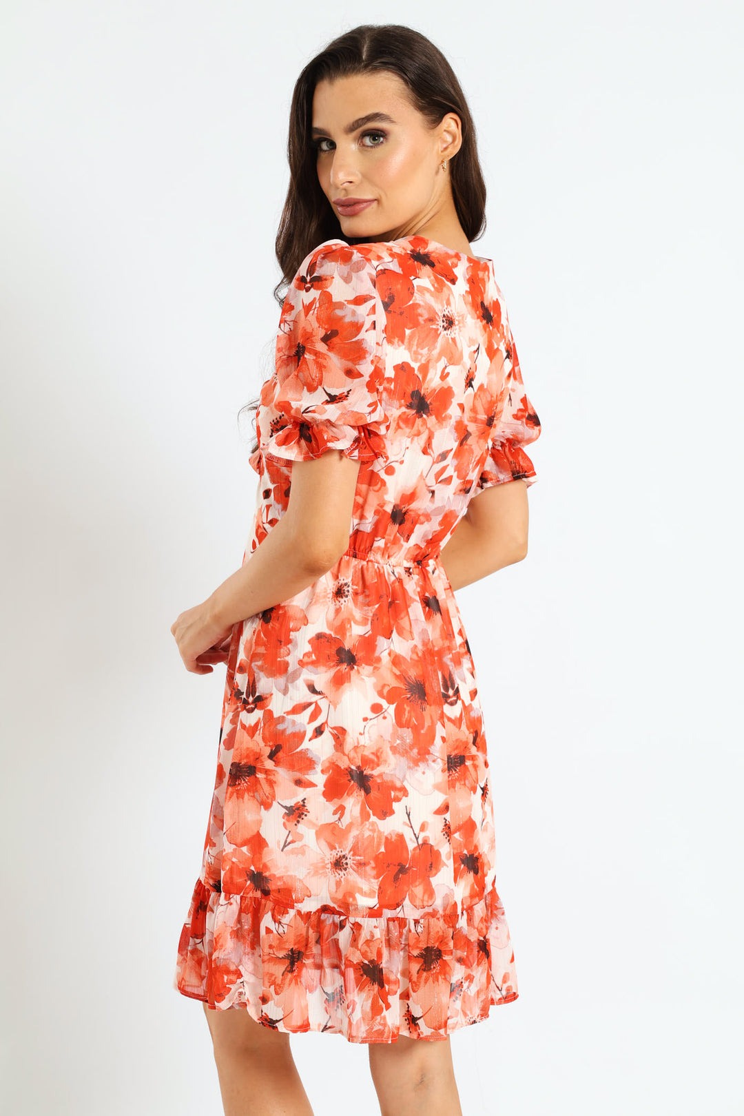 Tie Front Waisted Frill Hem Tea Dress - Orange