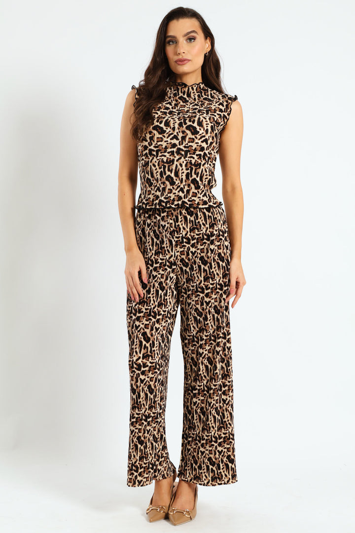 Cap Sleeve Plisse Lettuce Hem Top - Animal