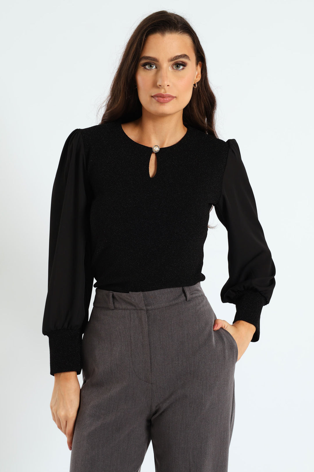 Keyhole Shimmer Combo Blouse - Black