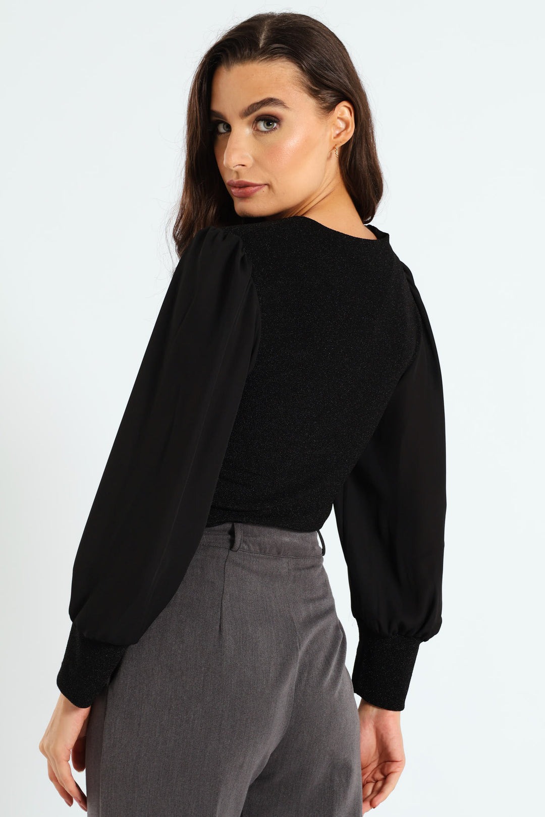 Keyhole Shimmer Combo Blouse - Black
