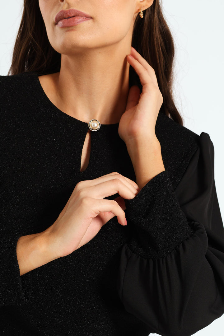 Keyhole Shimmer Combo Blouse - Black