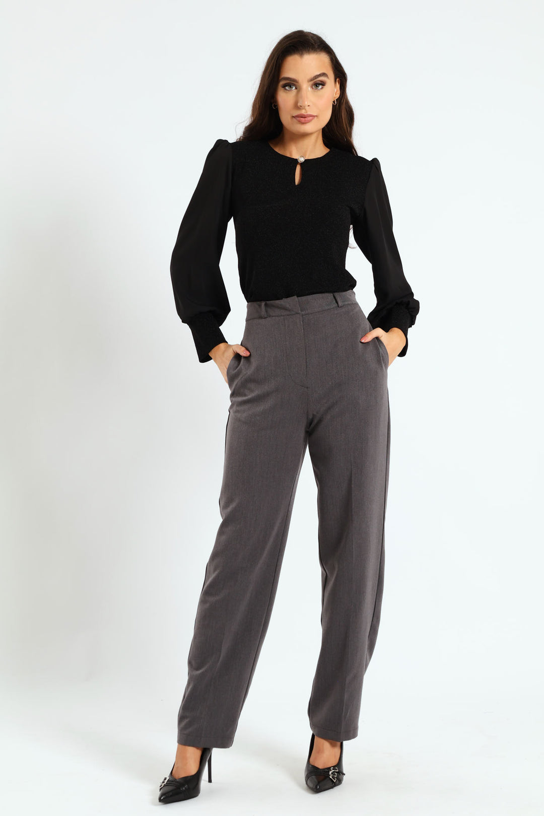 Keyhole Shimmer Combo Blouse - Black