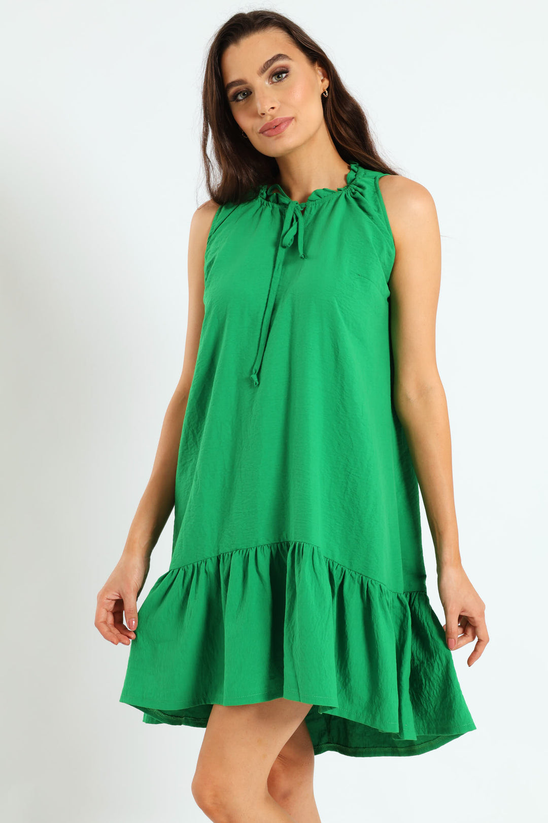 Frill Neck Drop Hem Dress - Emerald