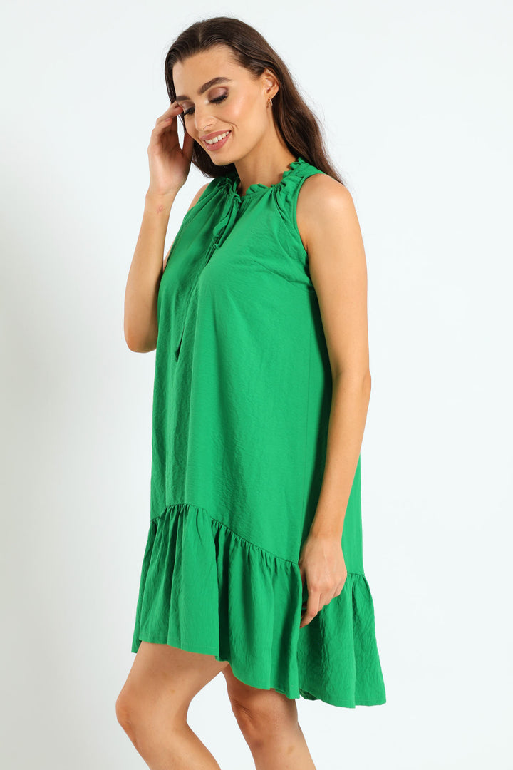 Frill Neck Drop Hem Dress - Emerald