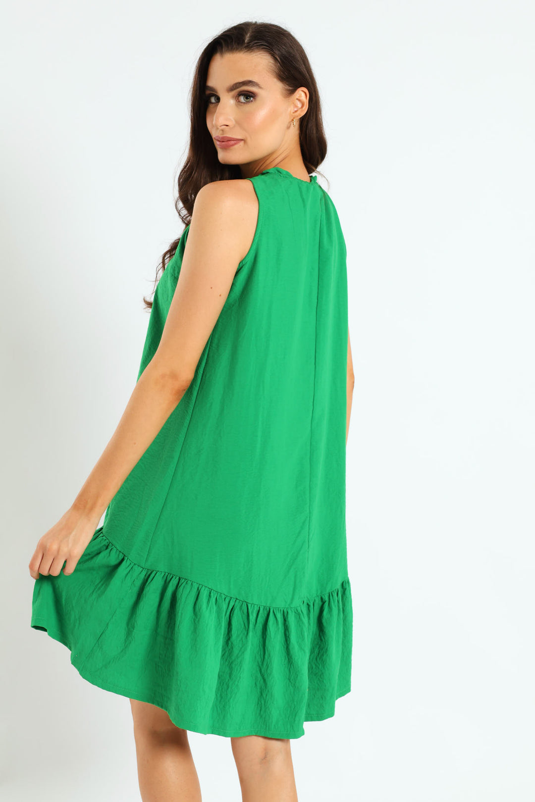 Frill Neck Drop Hem Dress - Emerald