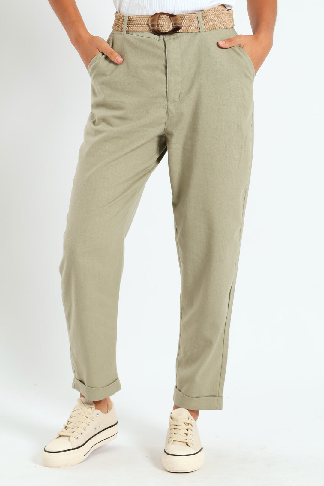 Rafia Belted Tapered Leg Linen Pant - Light Fatigue