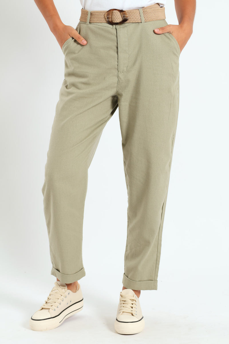 Rafia Belted Tapered Leg Linen Pant - Light Fatigue