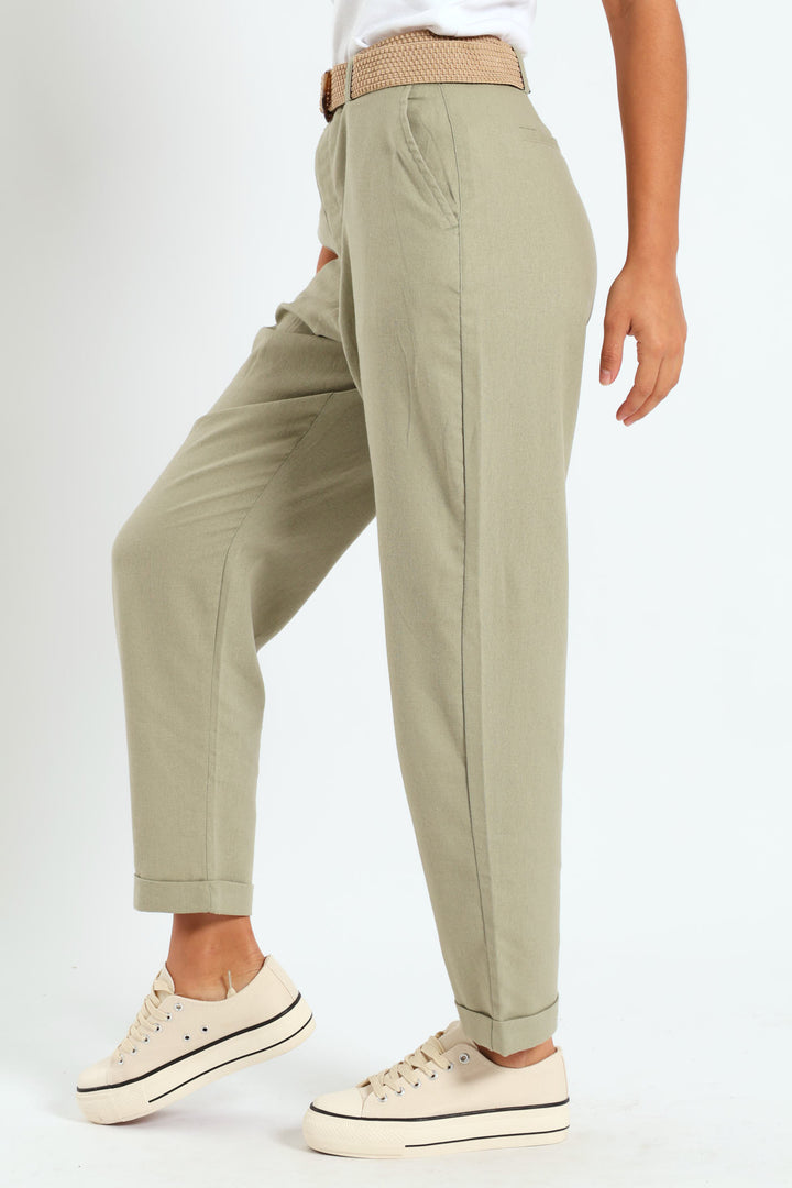 Rafia Belted Tapered Leg Linen Pant - Light Fatigue
