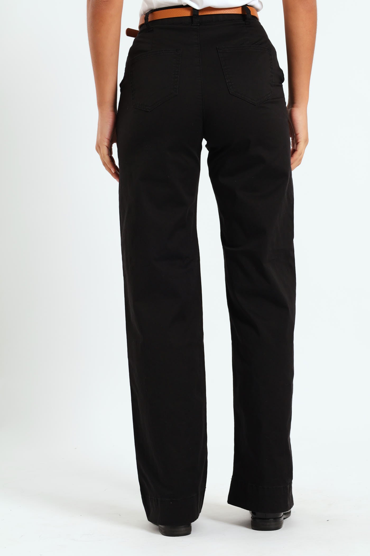 Ladies Belted Stretch Sateen Wideleg Chino Pants - Black – Edgars