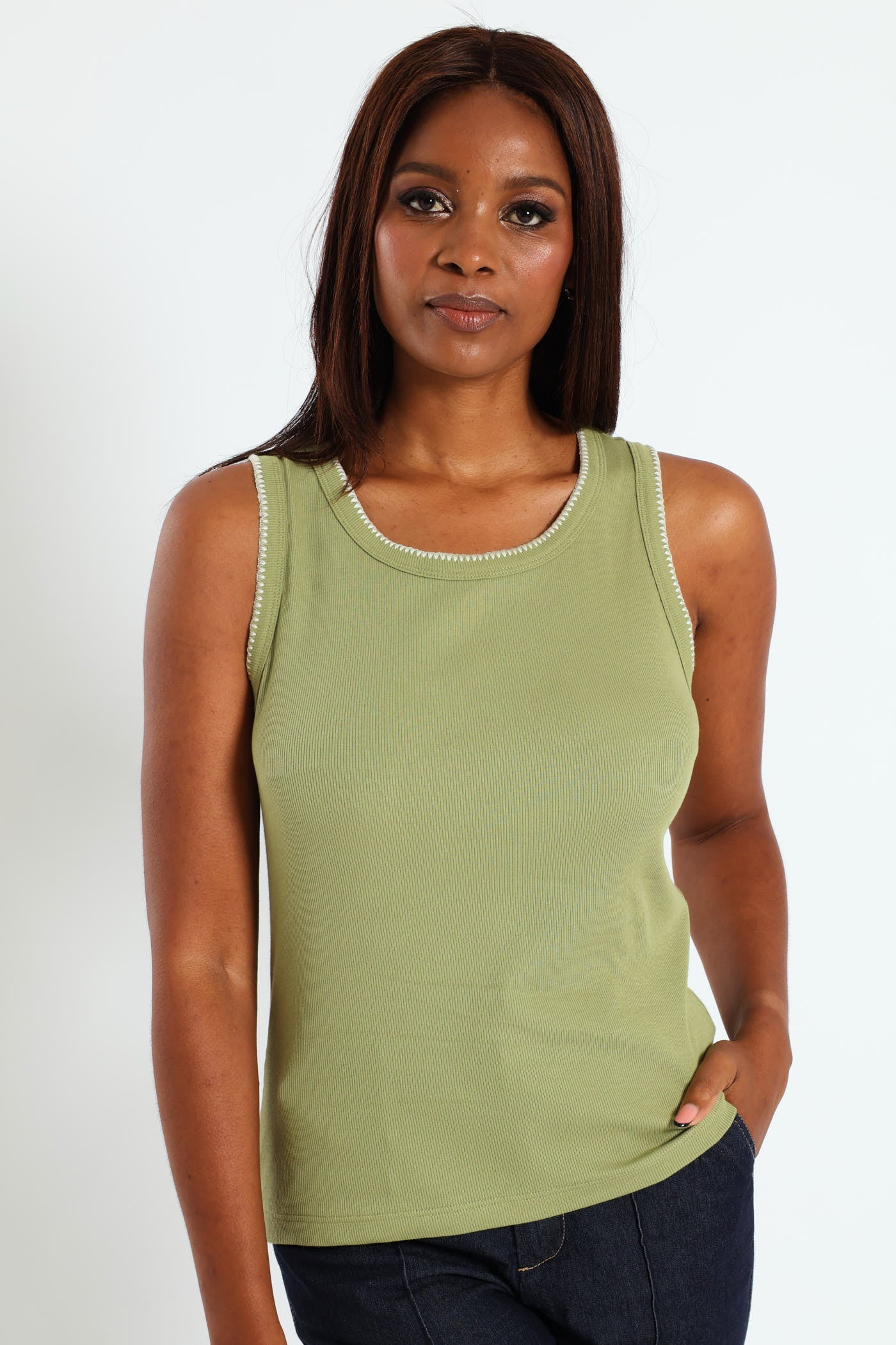 Ladies Stitch Edge Detail Rib Tank - Cabbage – Edgars