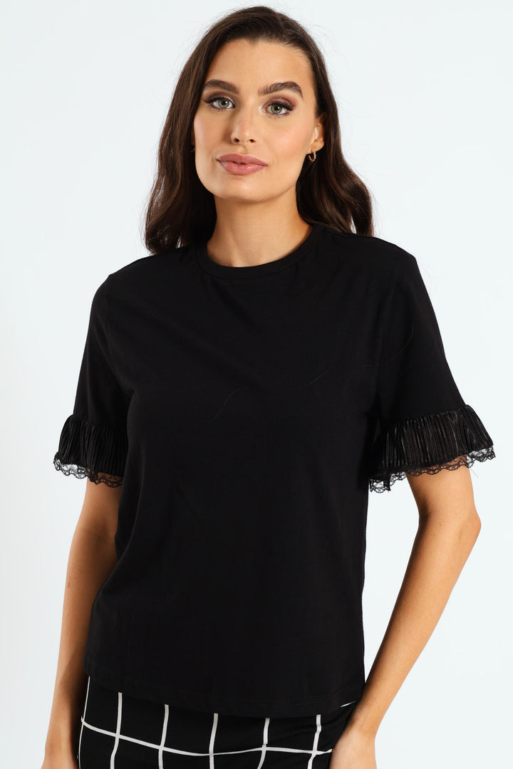 Lace Detail Sleeve Regular Fit Tee - Black