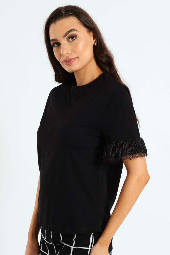 Lace Detail Sleeve Regular Fit Tee - Black