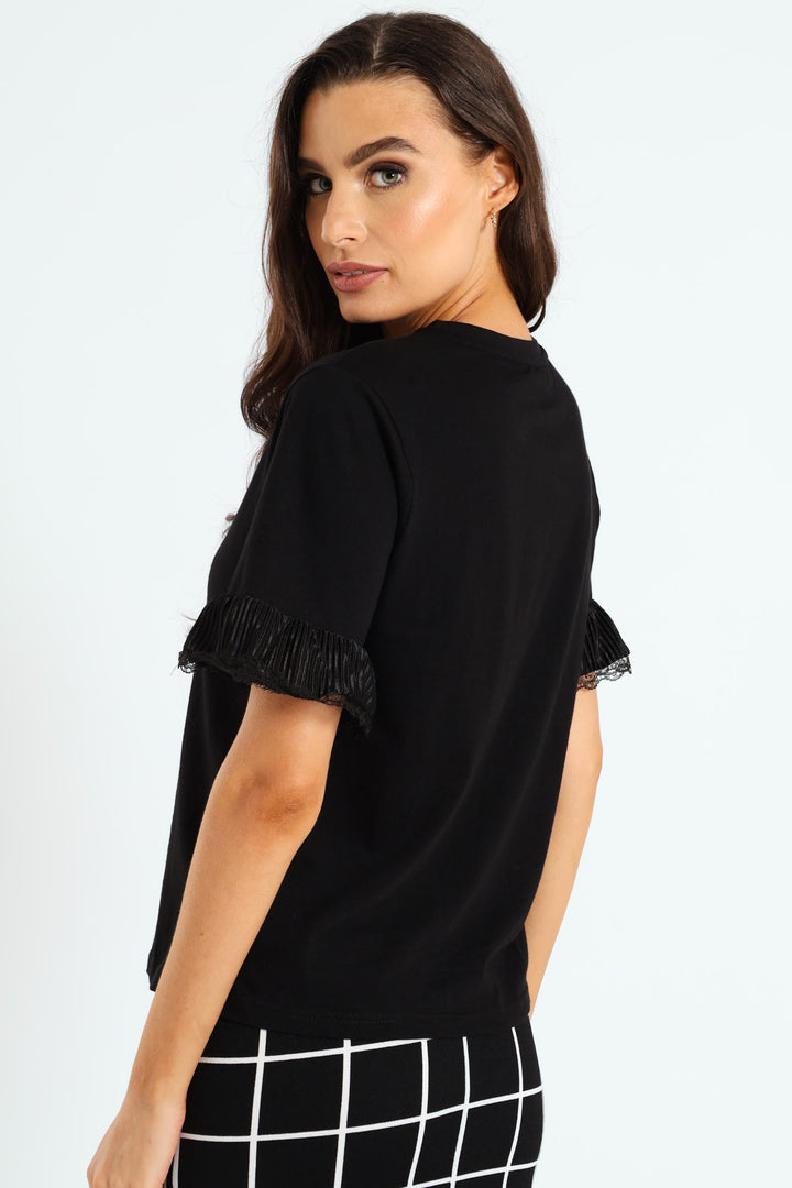 Lace Detail Sleeve Regular Fit Tee - Black