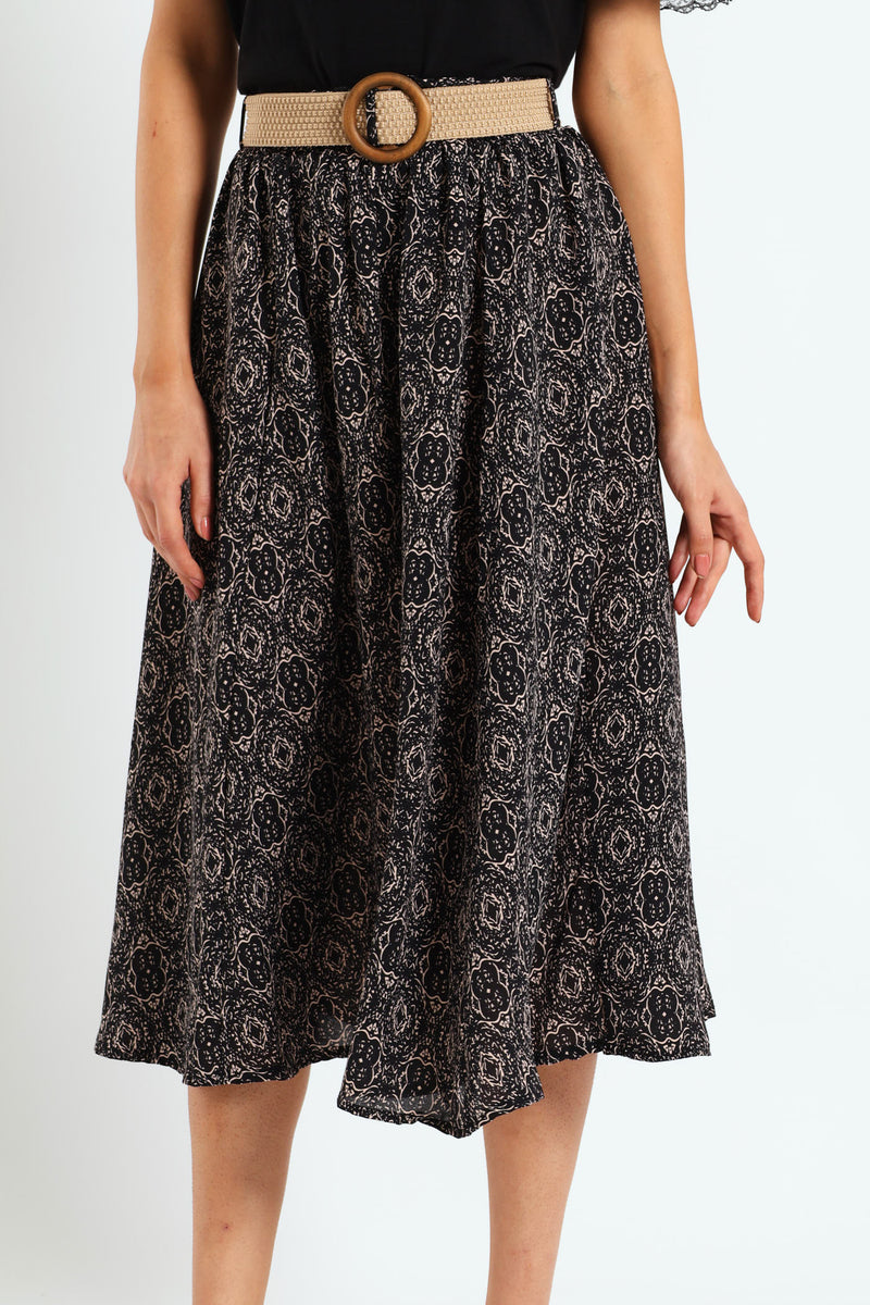 Rafia Belted Pleated Midi Skirt - Black/Beige