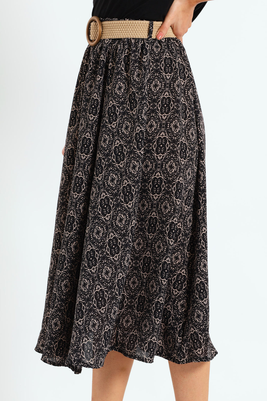 Rafia Belted Pleated Midi Skirt - Black/Beige