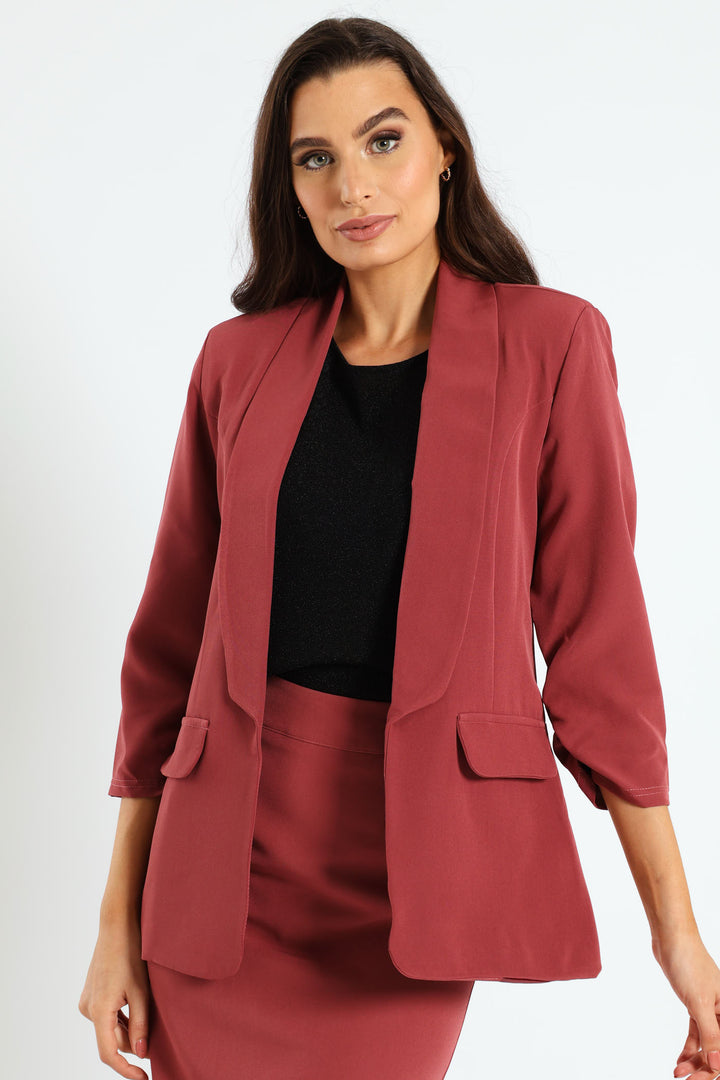 Shawl Collar Gauged Sleeve Blazer - Dusty Pink