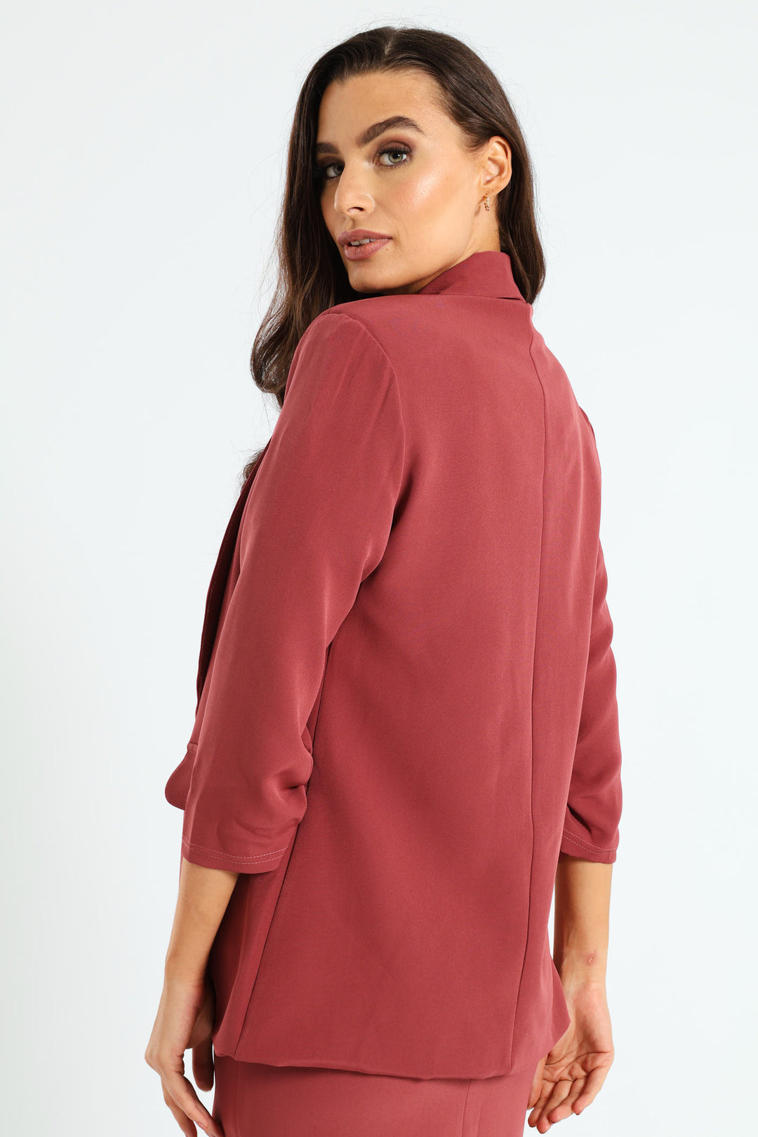 Shawl Collar Gauged Sleeve Blazer - Dusty Pink