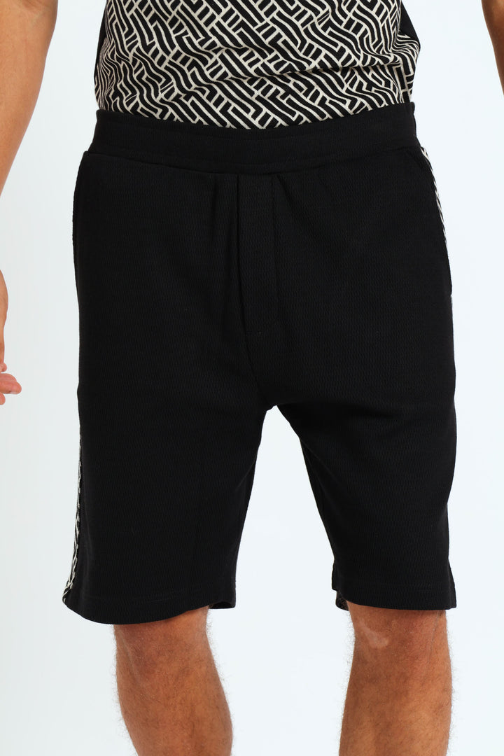 Texture Fleece Side Design Shorts - Black