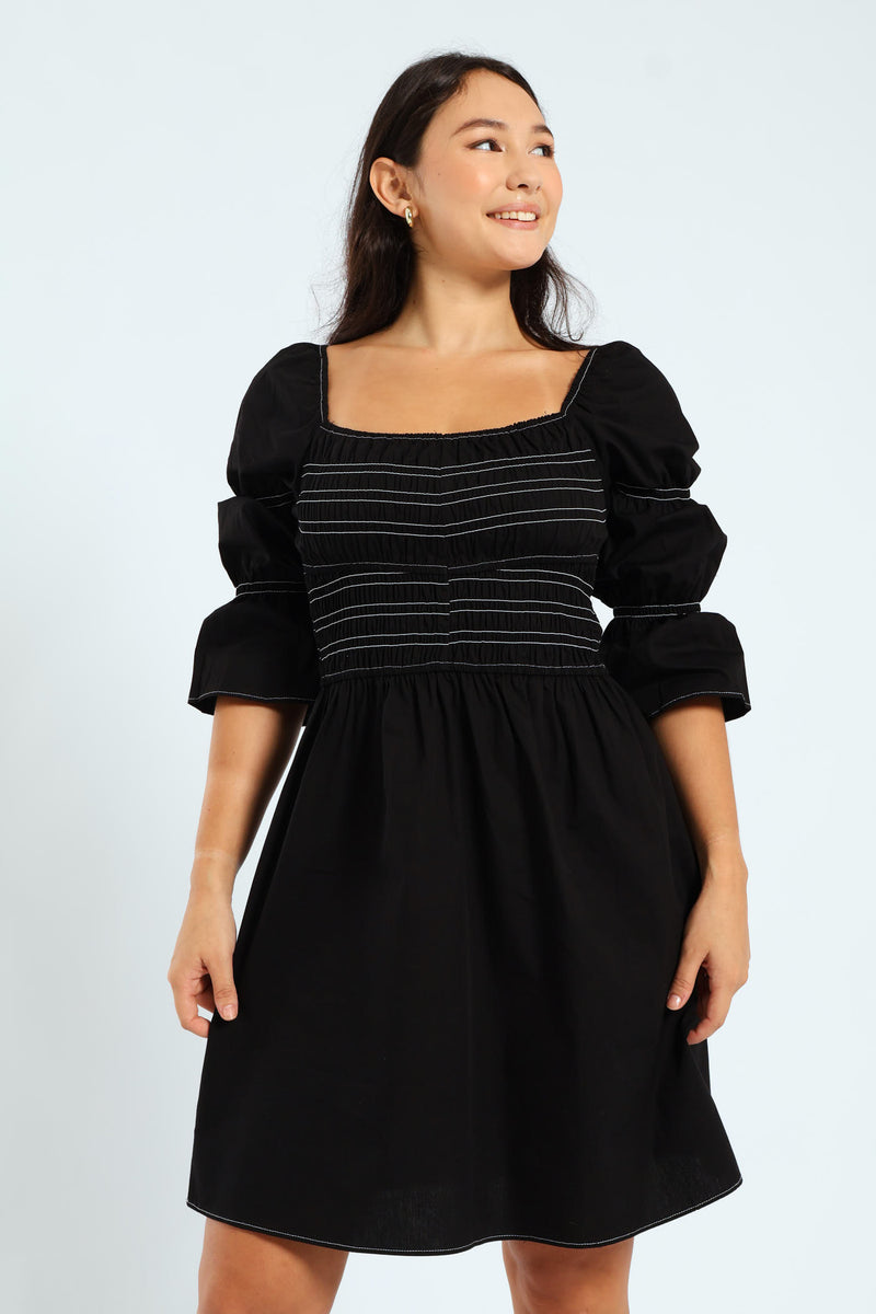 3/4 Center Stitch Smocked Mini Dress