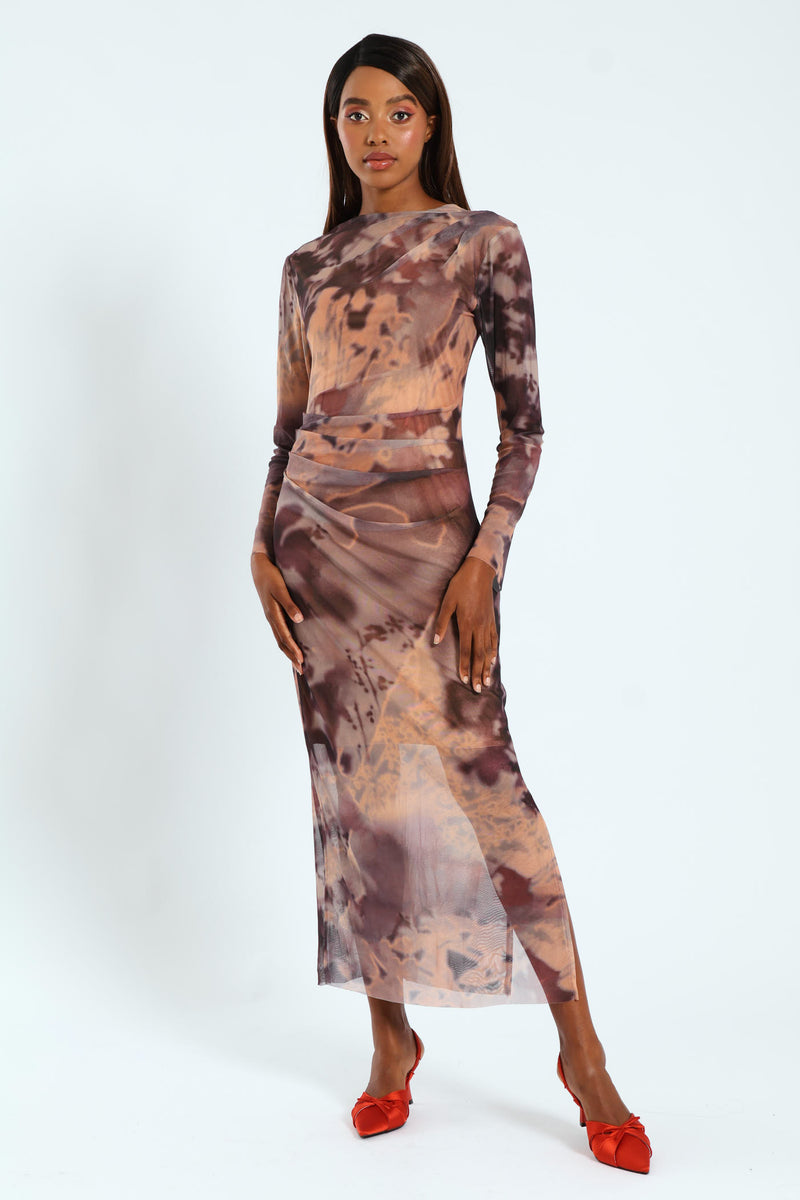 Drape Detail Tie Dye Mesh Midi Dress