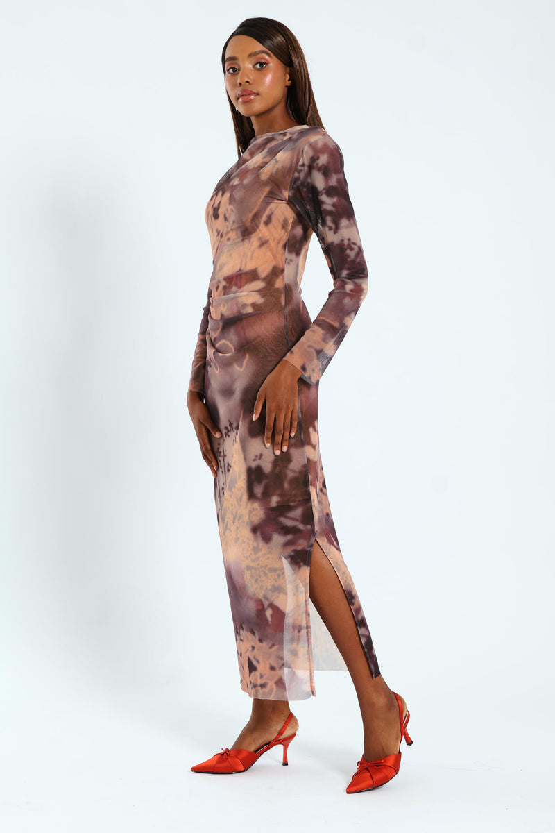 Drape Detail Tie Dye Mesh Midi Dress