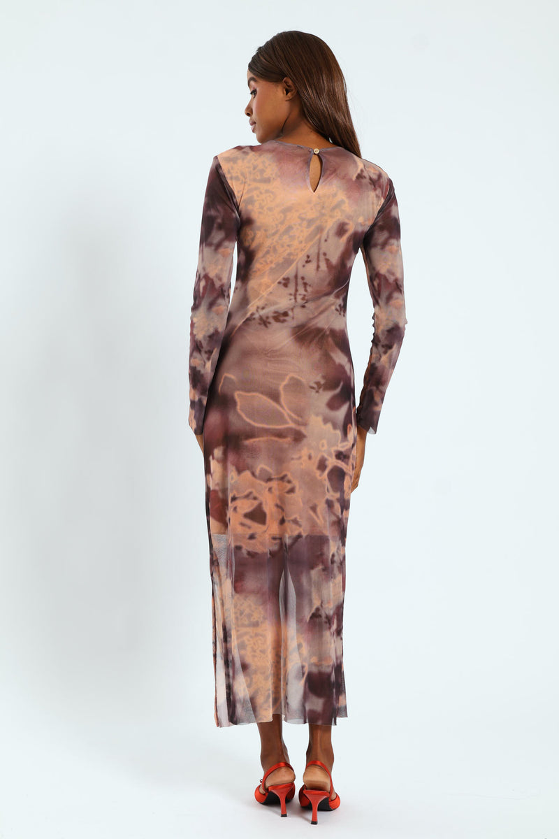 Drape Detail Tie Dye Mesh Midi Dress