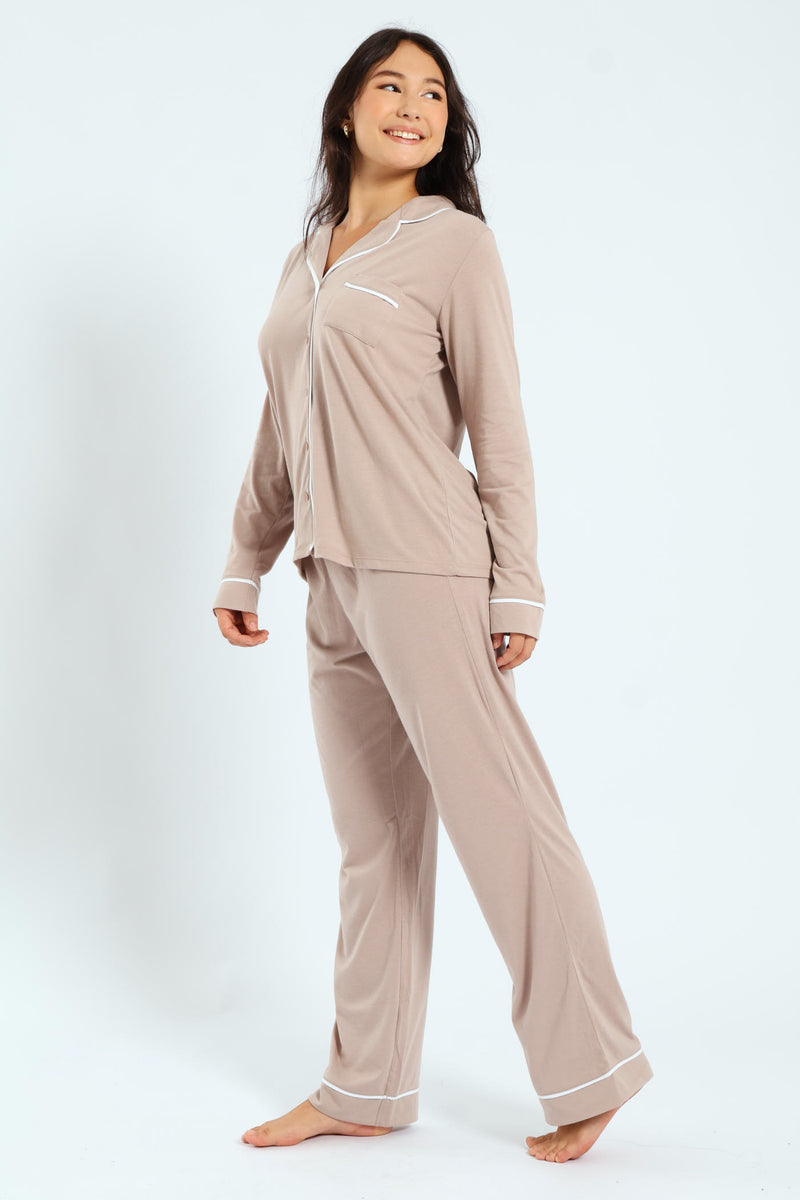 Long Sleeve Button Through & Pants Knit Set - Light Brown