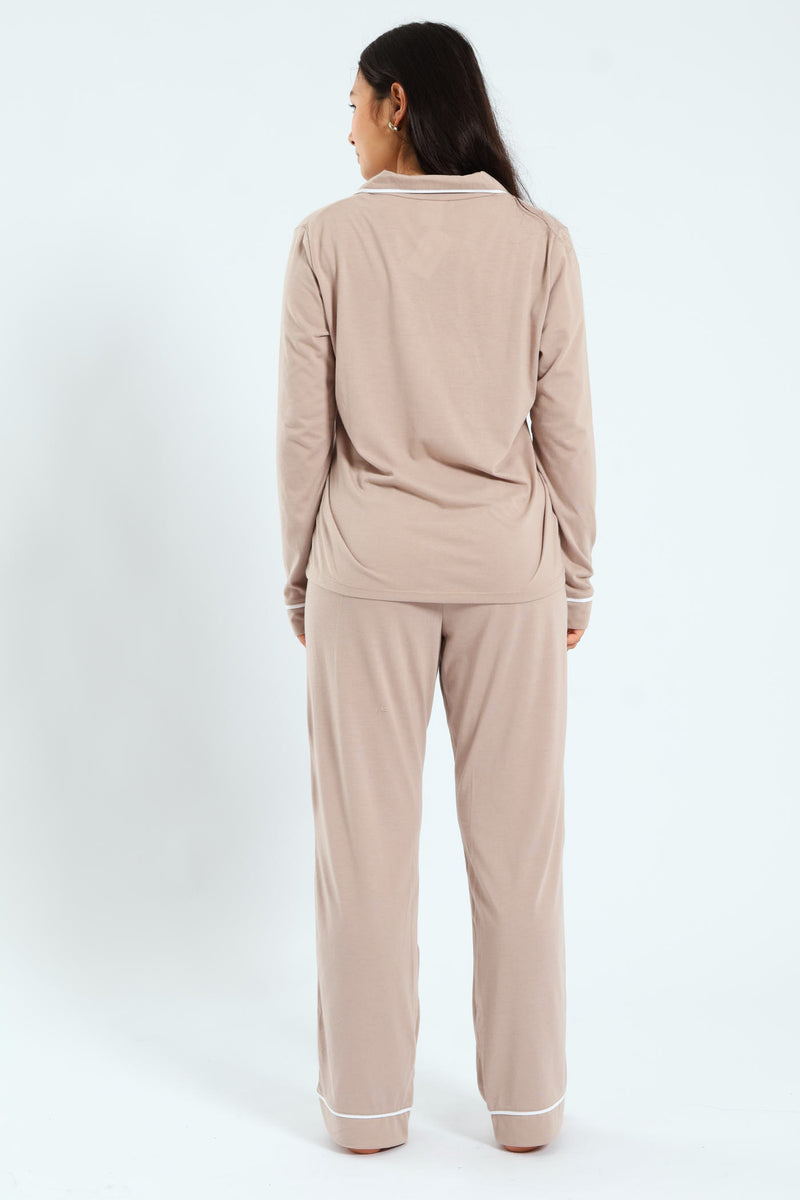 Long Sleeve Button Through & Pants Knit Set - Light Brown