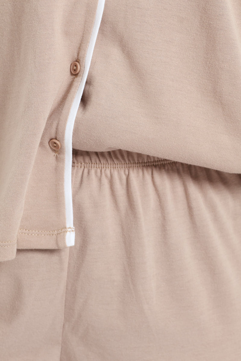 Long Sleeve Button Through & Pants Knit Set - Light Brown