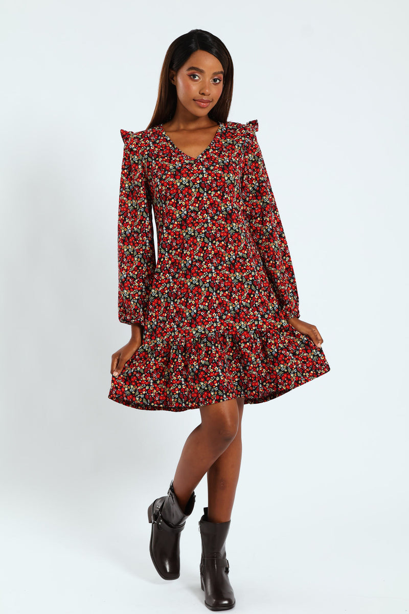 V-Neck Shoulder Frill Crinkle Mini Dress