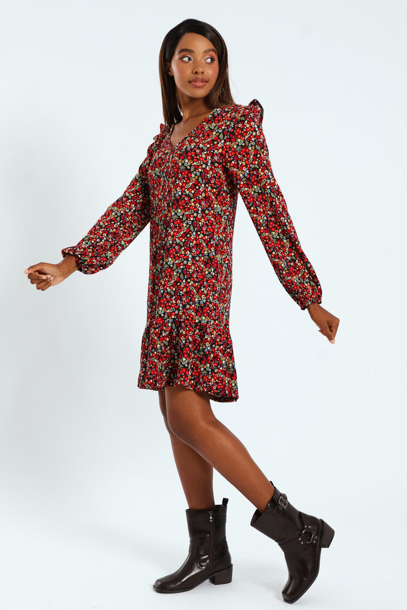 V-Neck Shoulder Frill Crinkle Mini Dress