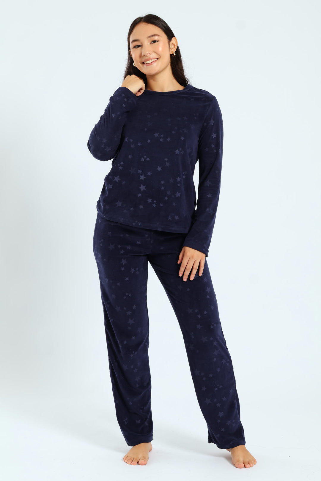 Long Sleeve Embossed Stars Top & Pants Set - Navy