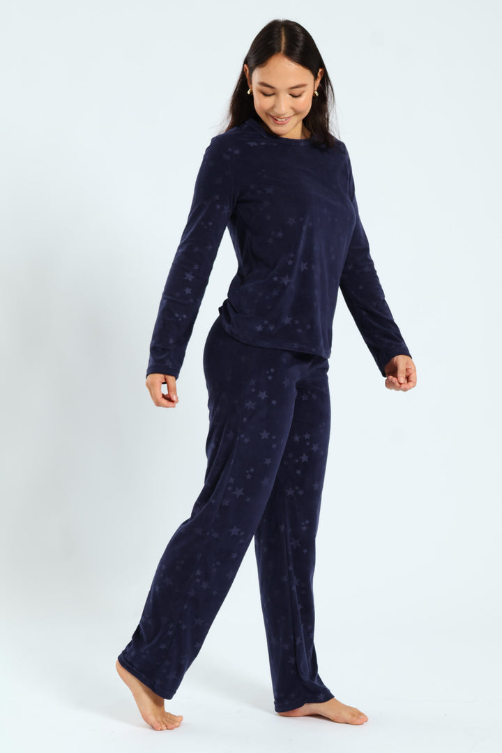 Long Sleeve Embossed Stars Top & Pants Set - Navy