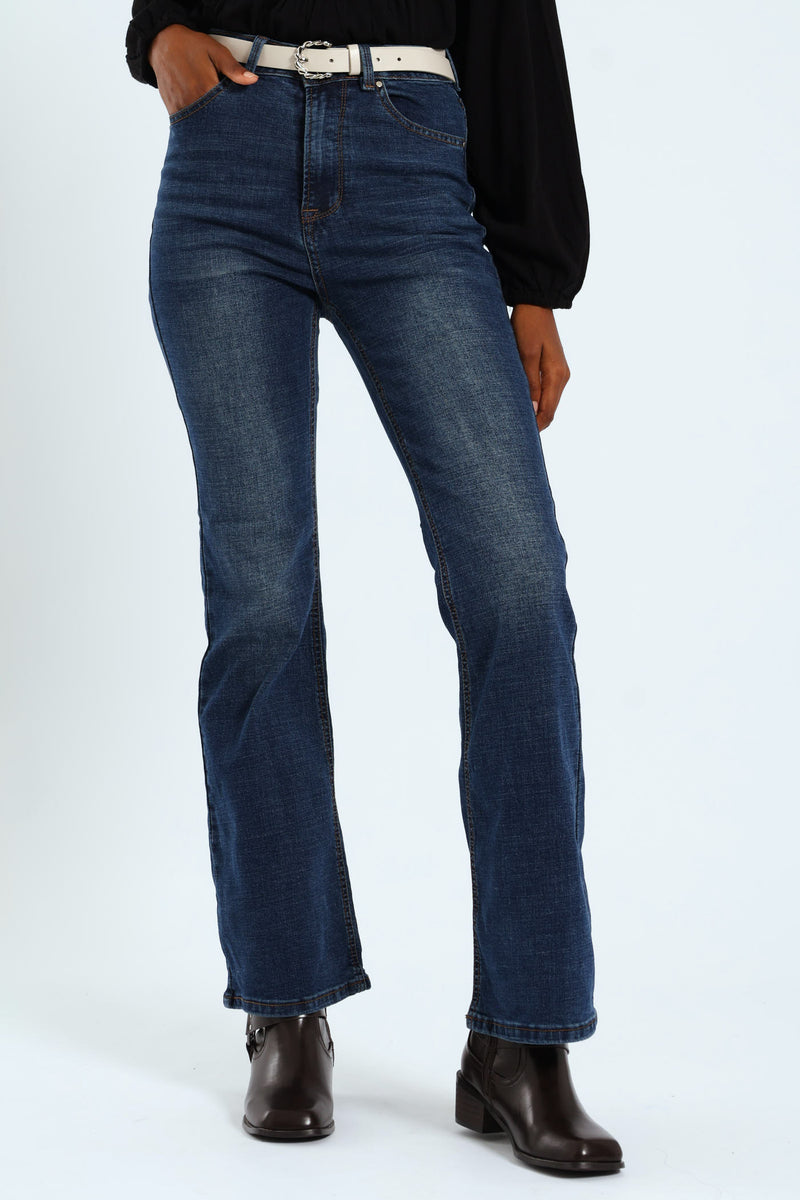 Belted Flare Leg Jean - Dark Wash