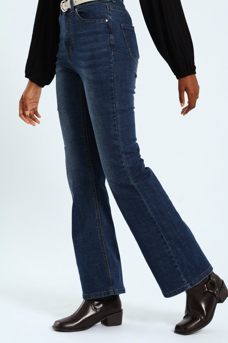 Belted Flare Leg Jean - Dark Wash