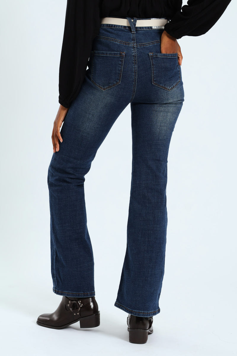 Belted Flare Leg Jean - Dark Wash