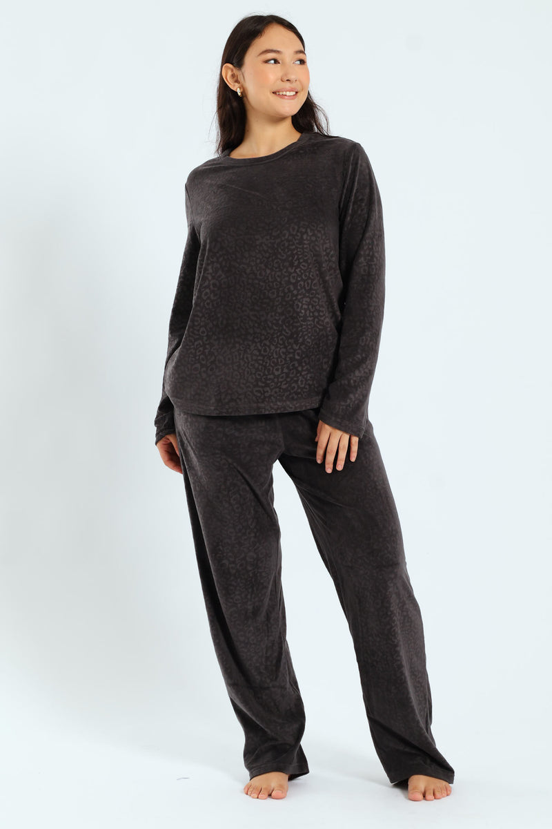 Long Sleeve Embossed Animal Print Top & Pants Set - Charcoal