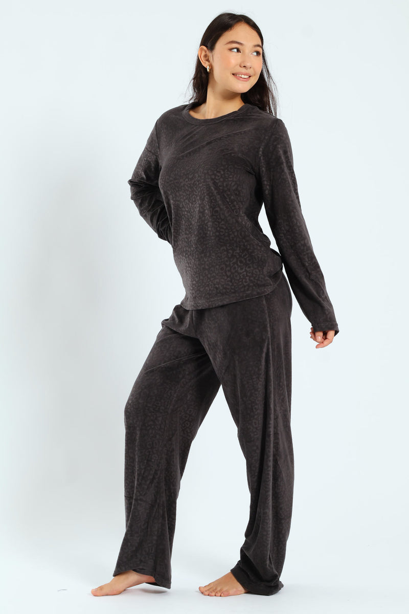 Long Sleeve Embossed Animal Print Top & Pants Set - Charcoal