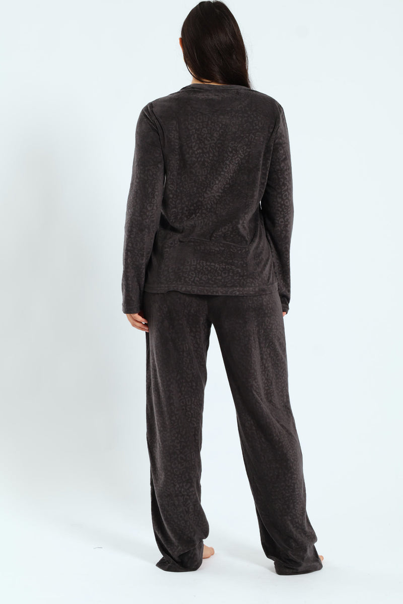 Long Sleeve Embossed Animal Print Top & Pants Set - Charcoal