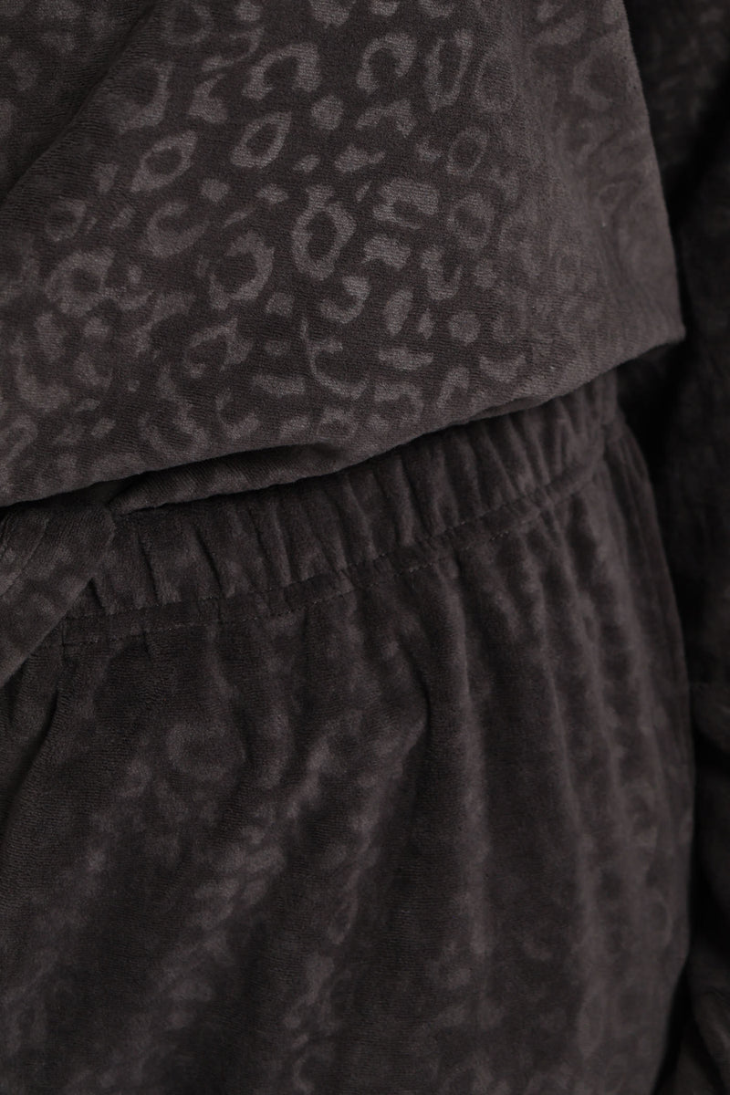Long Sleeve Embossed Animal Print Top & Pants Set - Charcoal