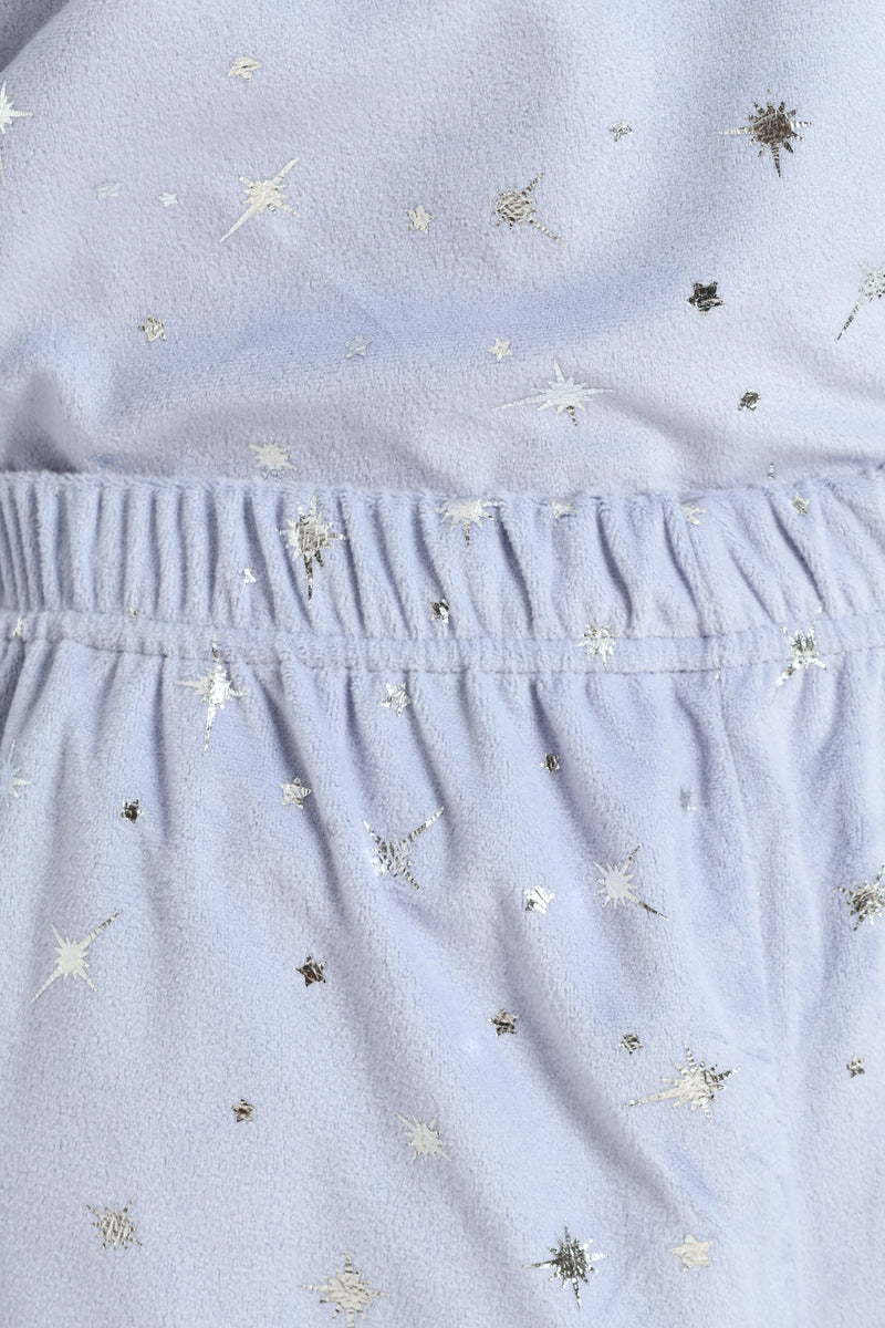 Long Sleeve Velour Embossed Star Top & Pants Set - Light Blue