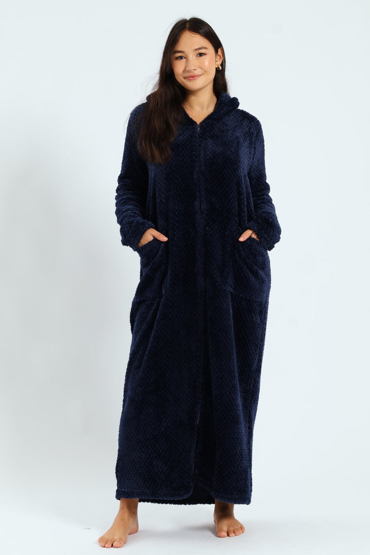 Ankle Length Zip Through Gown - Navy