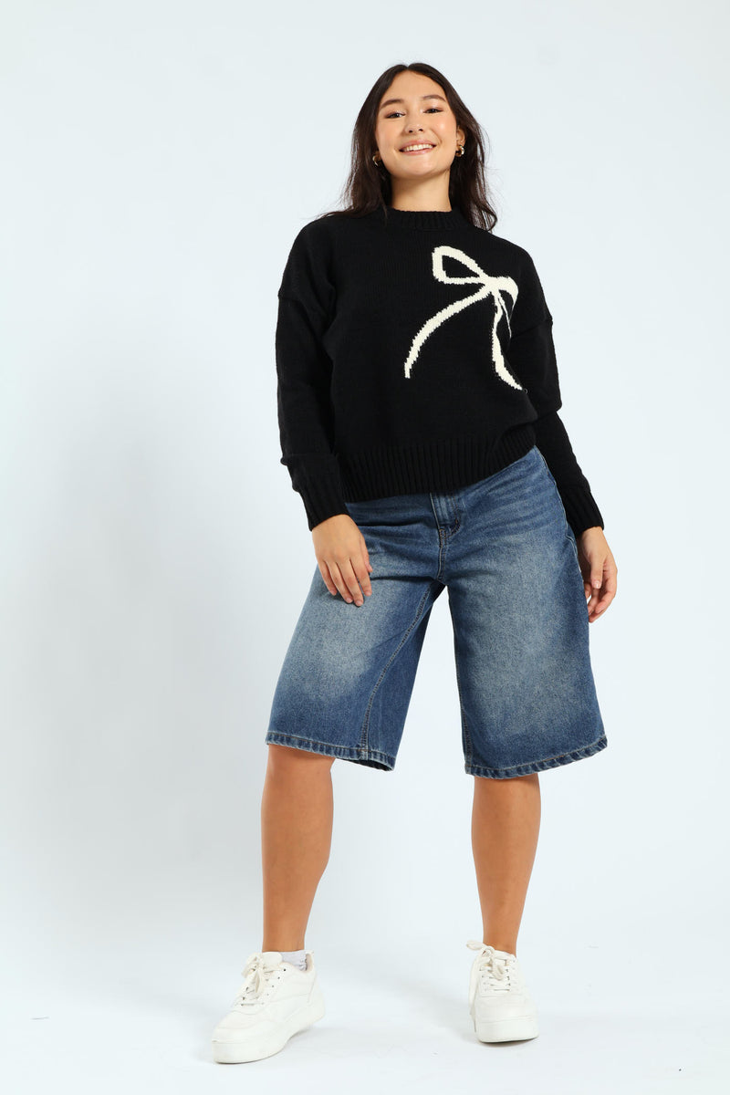 Bow Knit Pullover - Black