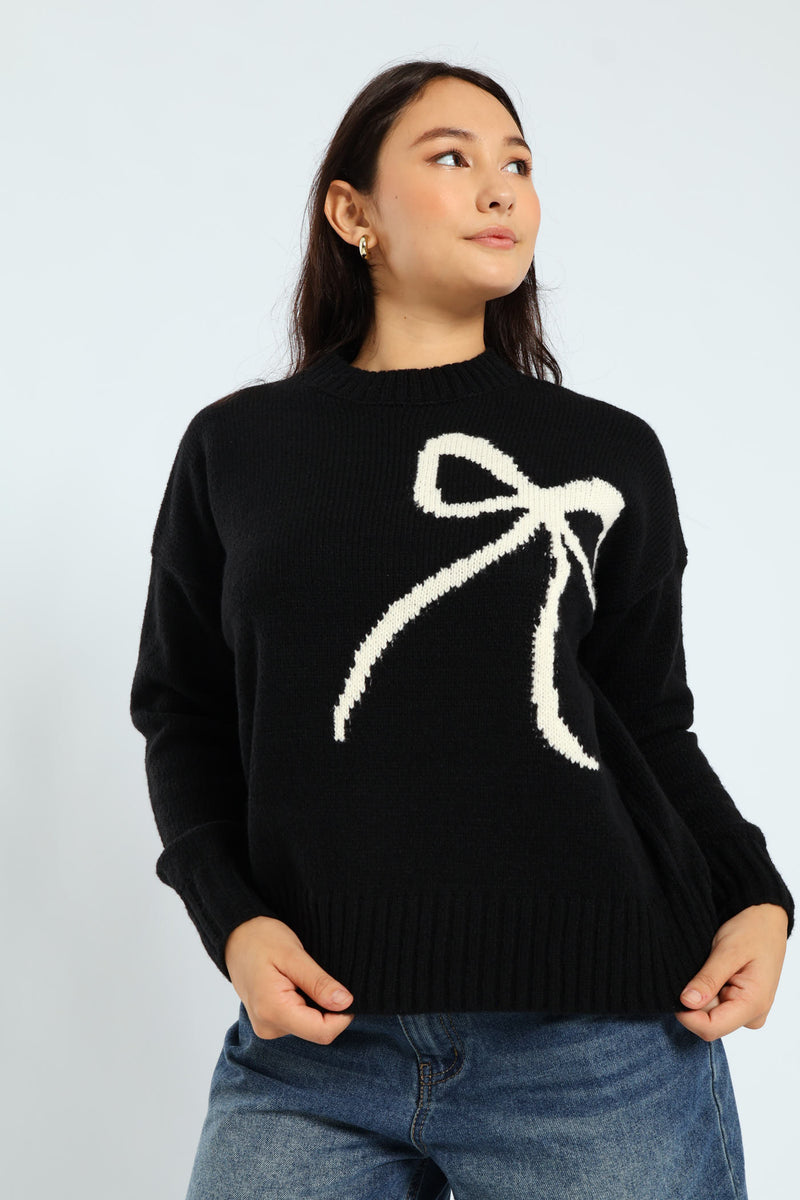 Bow Knit Pullover - Black