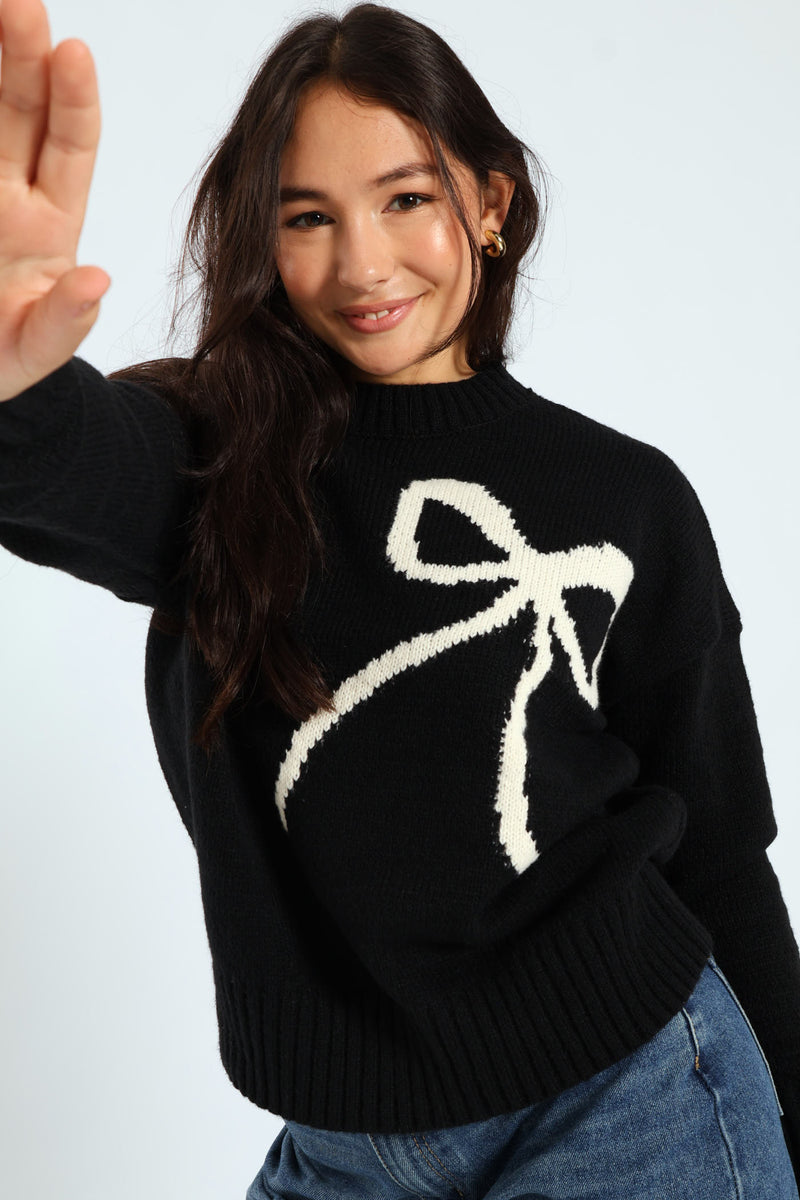 Bow Knit Pullover - Black