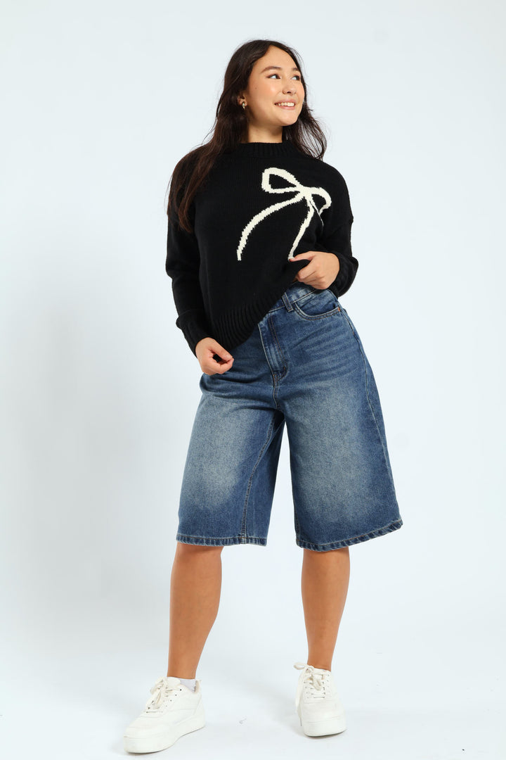 Wide Leg Bermuda Shorts - Mid Blue