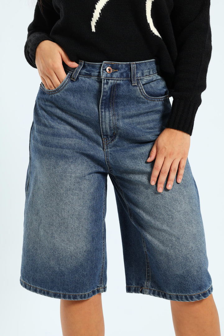 Wide Leg Bermuda Shorts - Mid Blue